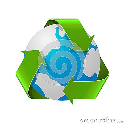 Recycling Earth concept. Realistic illustration of recycle arrows with planet globe isolated on white Vector Illustration