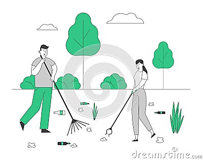 Recycling Ecology Protection Concept. Man and Woman Removing Trash from Ground Cleaning Earth Surface with Rakes Vector Illustration