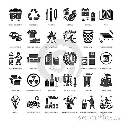 Recycling flat glyph icons. Pollution, recycle plant. Garbage sorting types - paper, glass, plastic, metal, flammable Vector Illustration