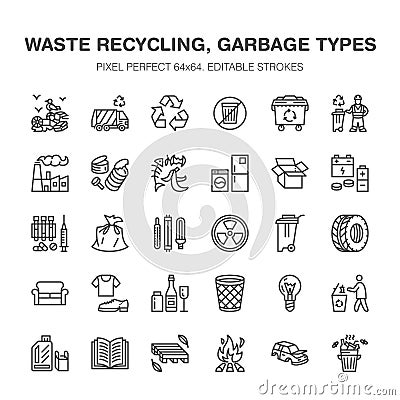 Recycling flat line icons. Pollution, recycle plant. Garbage sorting types - paper, glass, plastic, metal, flammable Vector Illustration