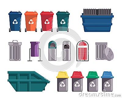 Waste dumpster and wheelie trash bin isolated on white Vector Illustration