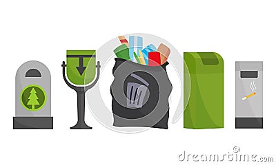 Recycling and garbage cans collection. City trashcan set with wheeled dumpster or trash container, recycle bins and Vector Illustration
