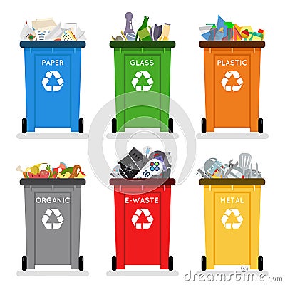 Recycling garbage cans trash separation isolated flat design icons set vector illustration Vector Illustration