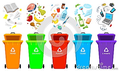 Recycling garbage elements. Bag or containers or cans for different trashes. Sorting and Utilize food waste. Ecology Vector Illustration