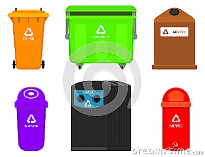 Recycling garbage elements. Bag or containers or cans for different trashes. Sorting and Utilize food waste. Ecology Vector Illustration