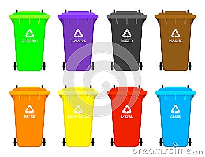 Recycling garbage elements. Bag or containers or cans for different trashes. Sorting and Utilize food waste. Ecology Vector Illustration