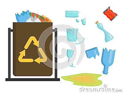 Recycling garbage elements trash bags tires management industry utilize concept and waste ecology can bottle recycling Vector Illustration
