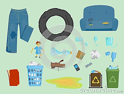 Recycling garbage elements trash bags tires management industry utilize concept and waste ecology can bottle recycling Vector Illustration