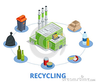 Recycling garbage elements trash bags tires management industry utilize waste can vector illustration. Vector Illustration