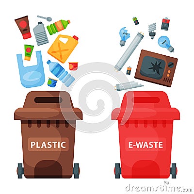 Recycling garbage elements trash bags tires management industry utilize waste can vector illustration. Vector Illustration