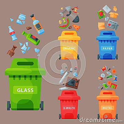 Recycling garbage elements trash bags tires management industry utilize waste can vector illustration. Vector Illustration