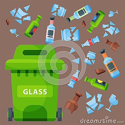 Recycling garbage glass trash bag tires management industry utilize waste can vector illustration. Vector Illustration