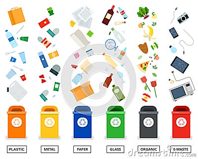 Recycling garbage separation collection and recycled vector. Trash in garbage cans with sorted garbage iconsRecycling Vector Illustration