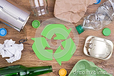 Recycling garbage such as glass, plastic, metal and paper Stock Photo