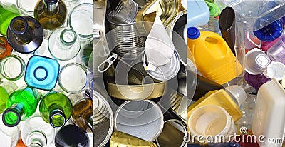 Recycling glass, tin cans and plastic Stock Photo