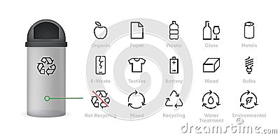 Recycling Icon. Types of Waste Materials vector symbols set. Sorting Pictograms isolated Vector Illustration
