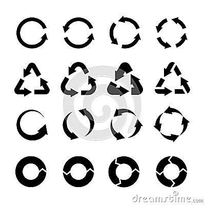 Recycling icons. Black circle arrows environmental labels. Bio garbage, biodegradable waste and reuse trash, ecology Vector Illustration