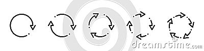 Recycling icons set. Rotation icons set. Rcycling, reuse, rotation, reset icons. Circe arrows collection. Set of black circle Vector Illustration