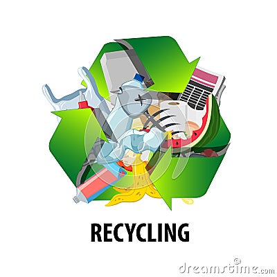 Recycling label with different types of waste. Reduce pollution sign. Vector Illustration