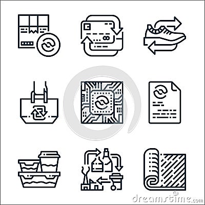 recycling line icons. linear set. quality vector line set such as carpet, recycle, tupperware, paper, processor, tote bag, sneaker Vector Illustration