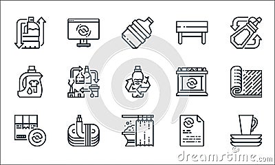 recycling line icons. linear set. quality vector line set such as dishware, shower curtains, cardboard box, paper, wire, laundry Vector Illustration