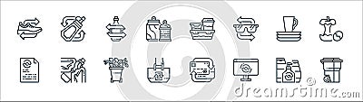 recycling line icons. linear set. quality vector line set such as recycle bin, monitor, tote bag, paper, dishware, glass bottle, Vector Illustration