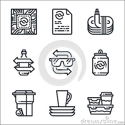 recycling line icons. linear set. quality vector line set such as tupperware, dishware, recycle bin, softdrinks can, goggle, glass Vector Illustration