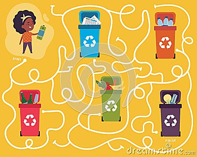 Recycling maze for kids with a solution Vector Illustration