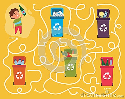 Recycling maze for kids with a solution Vector Illustration