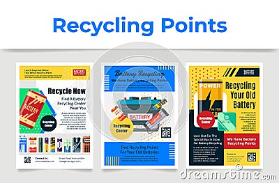 Recycling old battery poster set vector illustration. Utilization, garbage disposal template design Vector Illustration