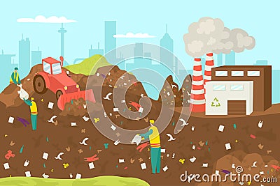 Recycling and processing waste plant industry, truck at garbage recycle factory vector illustration. People character Vector Illustration