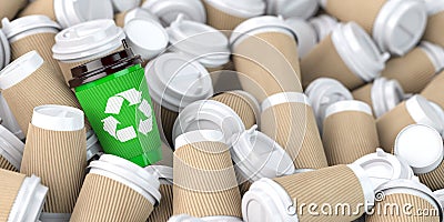 Recycling sign on one of the heap of many empty paper coffee cups Cartoon Illustration