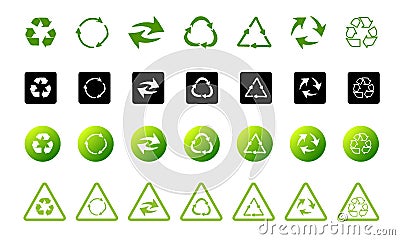 Recycling symbol of ecologically pure funds. Set of arrows. Green vector collection. Vector Illustration