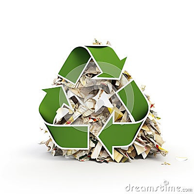 Recycling symbol logo with recycled elements accumulated garbage with white background Generative AI Illustration Stock Photo