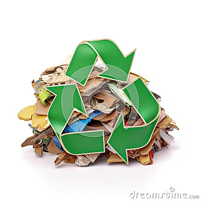 Recycling symbol logo with recycled elements accumulated garbage with white background Generative AI Illustration Stock Photo