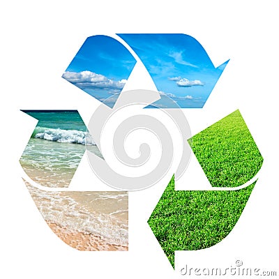 Recycling symbol made of sky, grass and water Stock Photo