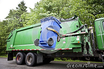 Recycling truck picking up bin - Horizontal Stock Photo