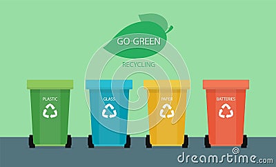 Recycling and Waste sorting concept. Set of trash bins with sorted garbage. Various kinds of trash plastic, glass, paper Vector Illustration