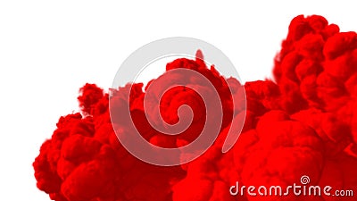 Red abstract smoke explosion. Ink cloud isolated on white background. Colorful paints of array particles fly in air and mix smooth Cartoon Illustration