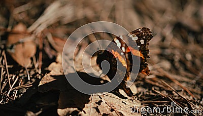 Red admiral butterfly Vanessa atalanta landed on leafy ground Stock Photo