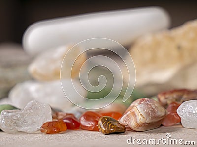 Red Agate, transparent quartz and serpentinite in green. Natural treasure. Stock Photo