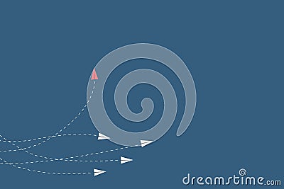 red airplane changing direction and white ones. New idea, change, trend, courage, creative solution, innovation Vector Illustration