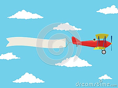 Red airplane with pilot and advertising banner in the cloudy sky Vector Illustration