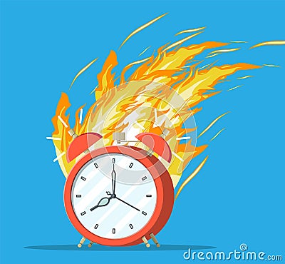 Red alarm clock in fire. Burning clock. Vector Illustration