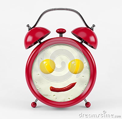 Red alarm clock with happy face omelet concept - isolated on white Stock Photo