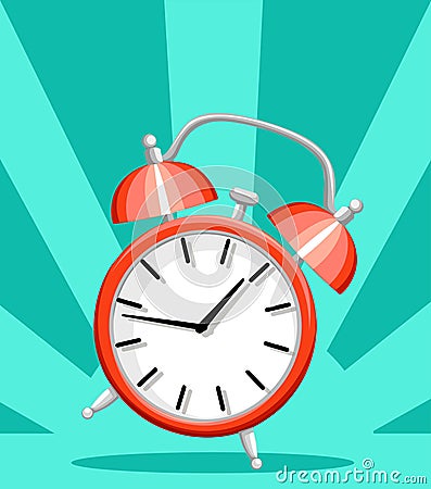 Red alarm clock wake-up time flat style vector illustration isolated on turquoise background website page and mobile app design Cartoon Illustration