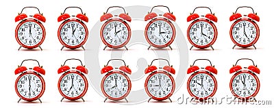 Red Alarm Clocks Collection. Stock Photo