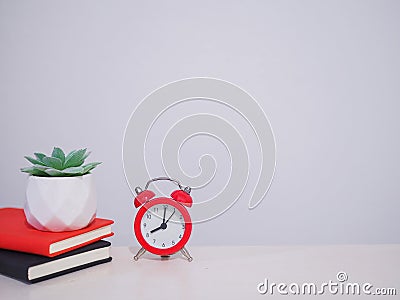 Red alarm,Potted cactus on stack hardcover book, Copy space for text, Back to school, Education concept Stock Photo