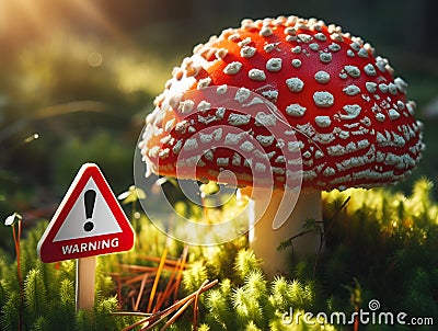 A red amanita poisonous mushroom with warning sign. Stock Photo