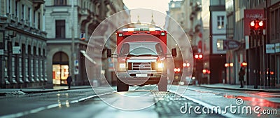 Red ambulance rushing through the city streets in a cinematic setting Stock Photo
